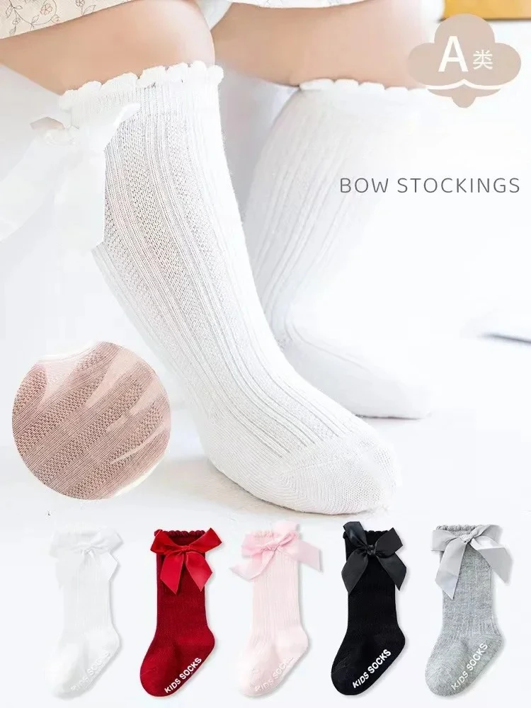 New Born Baby Girls Socks Spring Summer Autumn Non Slip Floor Crawling Sock Cute Big Bow Knee High Long Stockings for Toddlers