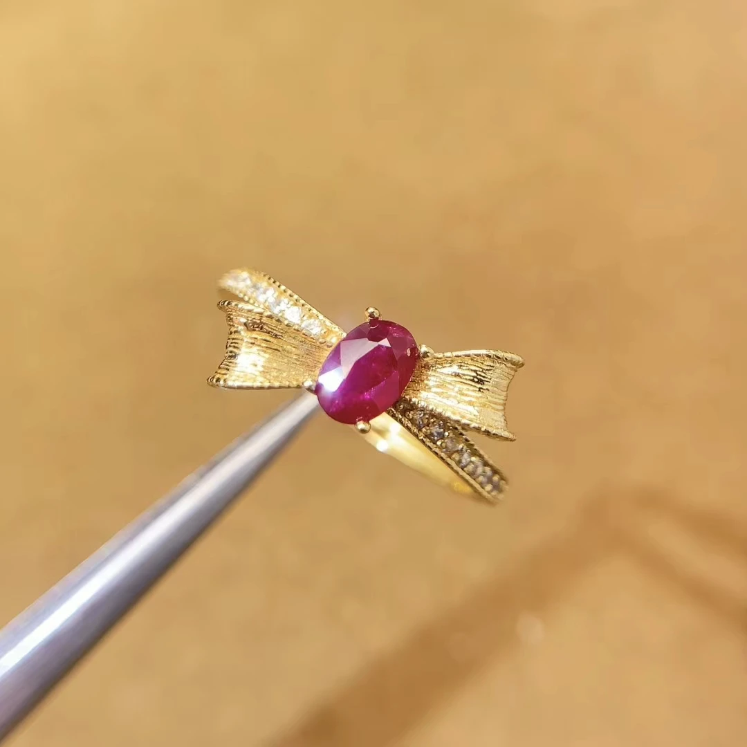 925 Silver Ruby Engagement Ring 4mm*6mm 0.5ct Natural Ruby Ring with 3 Layers 18K Gold Plating Keep Shining