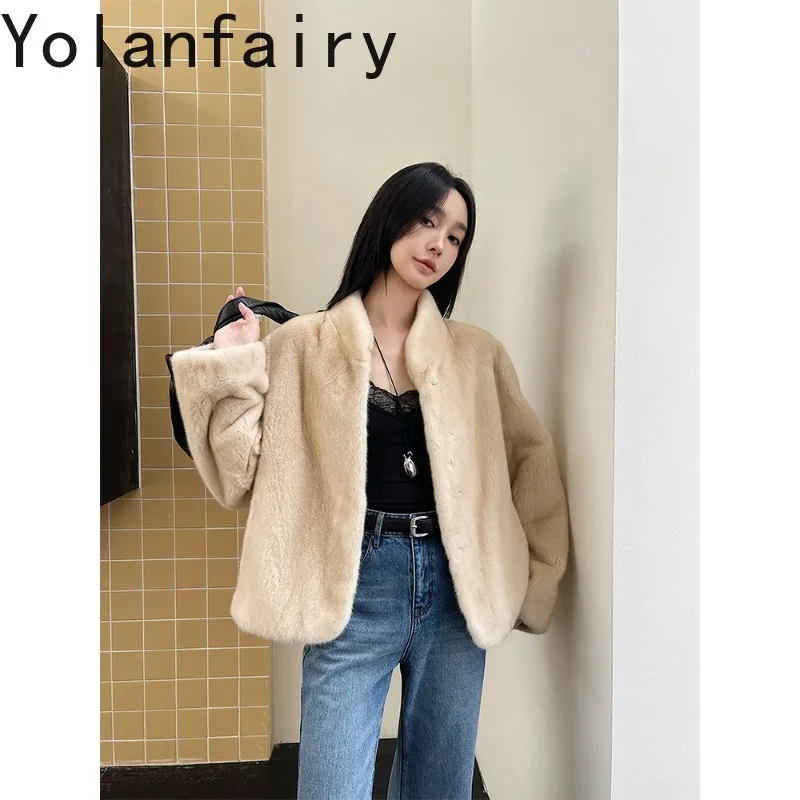 YOLANFAIRY Purple Label Velvet Whole Mink Fur Coat Real Fur Jackets Stand Collar Tops Winter Jacket Women Furry Overcoat Haut