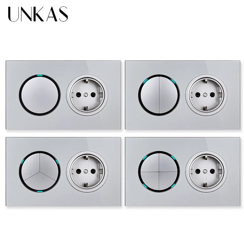 

UNKAS Touch On / Off Light Switch 1 2 3 4 Gang 1 / 2 Way + EU Standard Socket LED Panel 16A Outlet Russia Spain Backlight Large