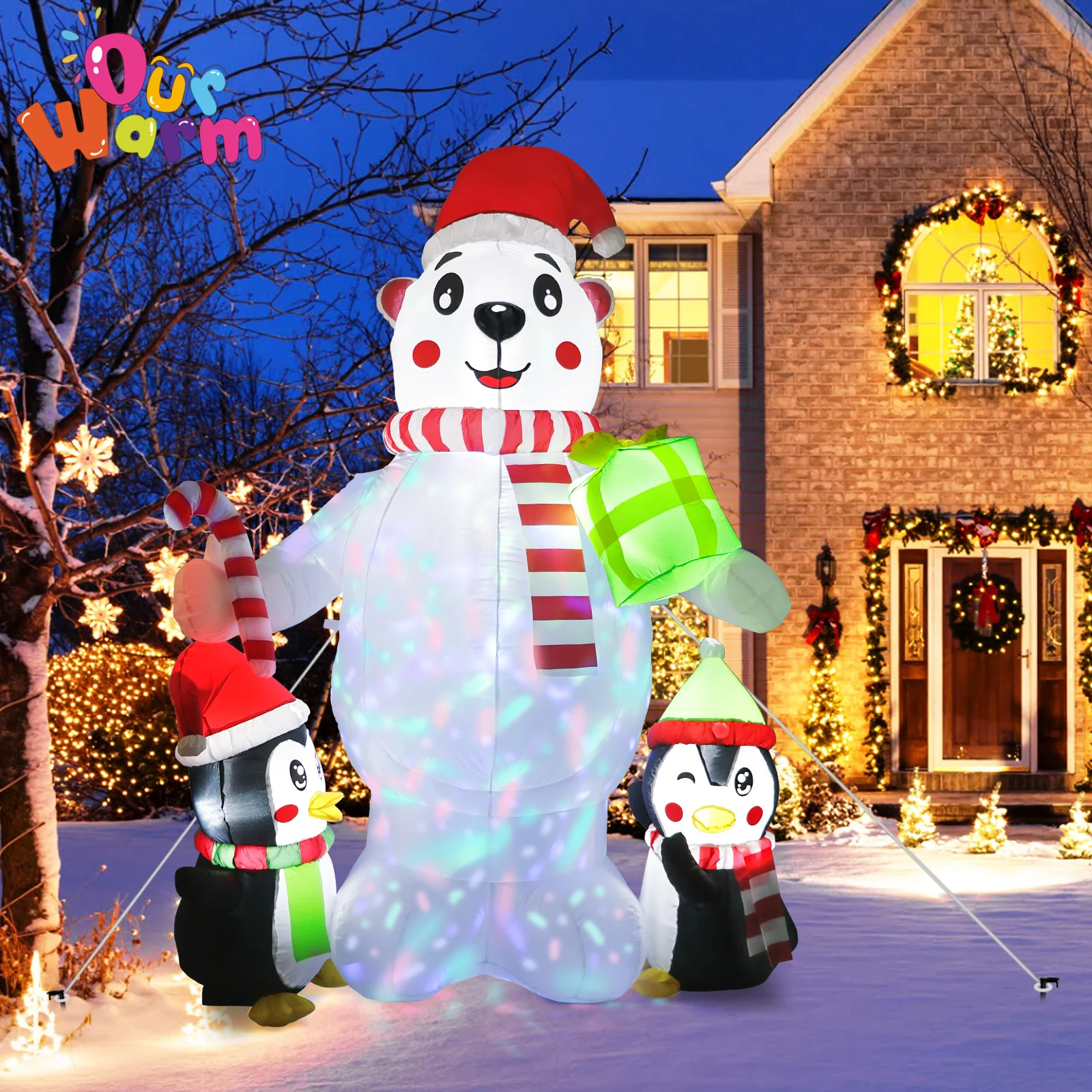 6 Ft Christmas Inflatables Polar Bear with 2 Penguins Outdoor Decorations with Rotating LED Lights Xmas Yard Garden Party Decor