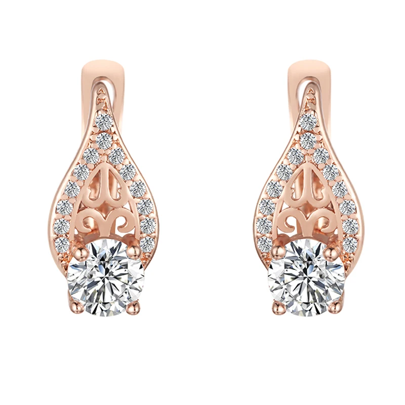 FJ Smart Women 585 Rose Gold Color Chic Earrings Round Natural Cubic Zircon Dangle Drop Earrings