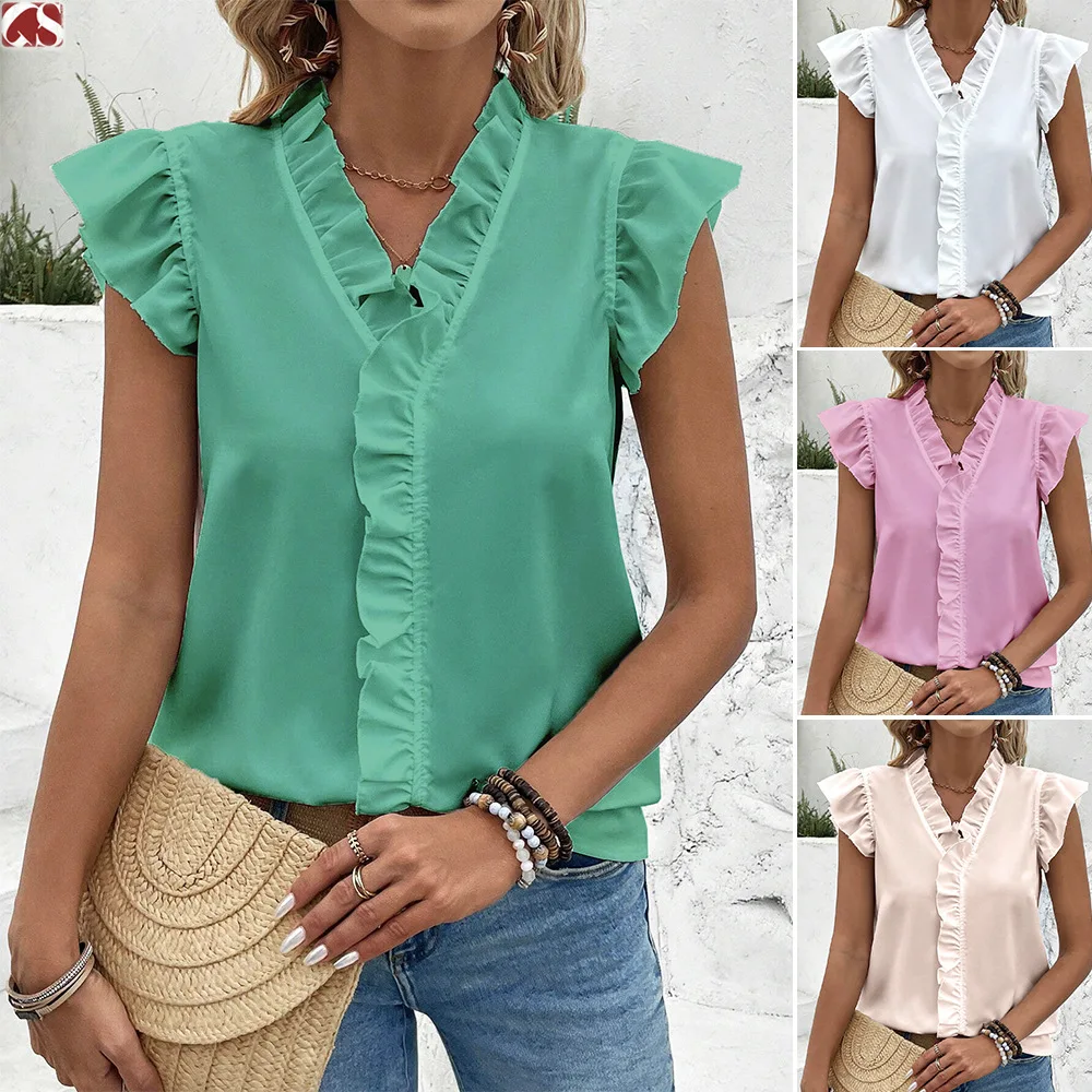 Summer White Top Blouses Women Fashion V Neck Sleeveless Rufffles Office Elegant Casual Tops Shirts Female Holiday Green Shirt