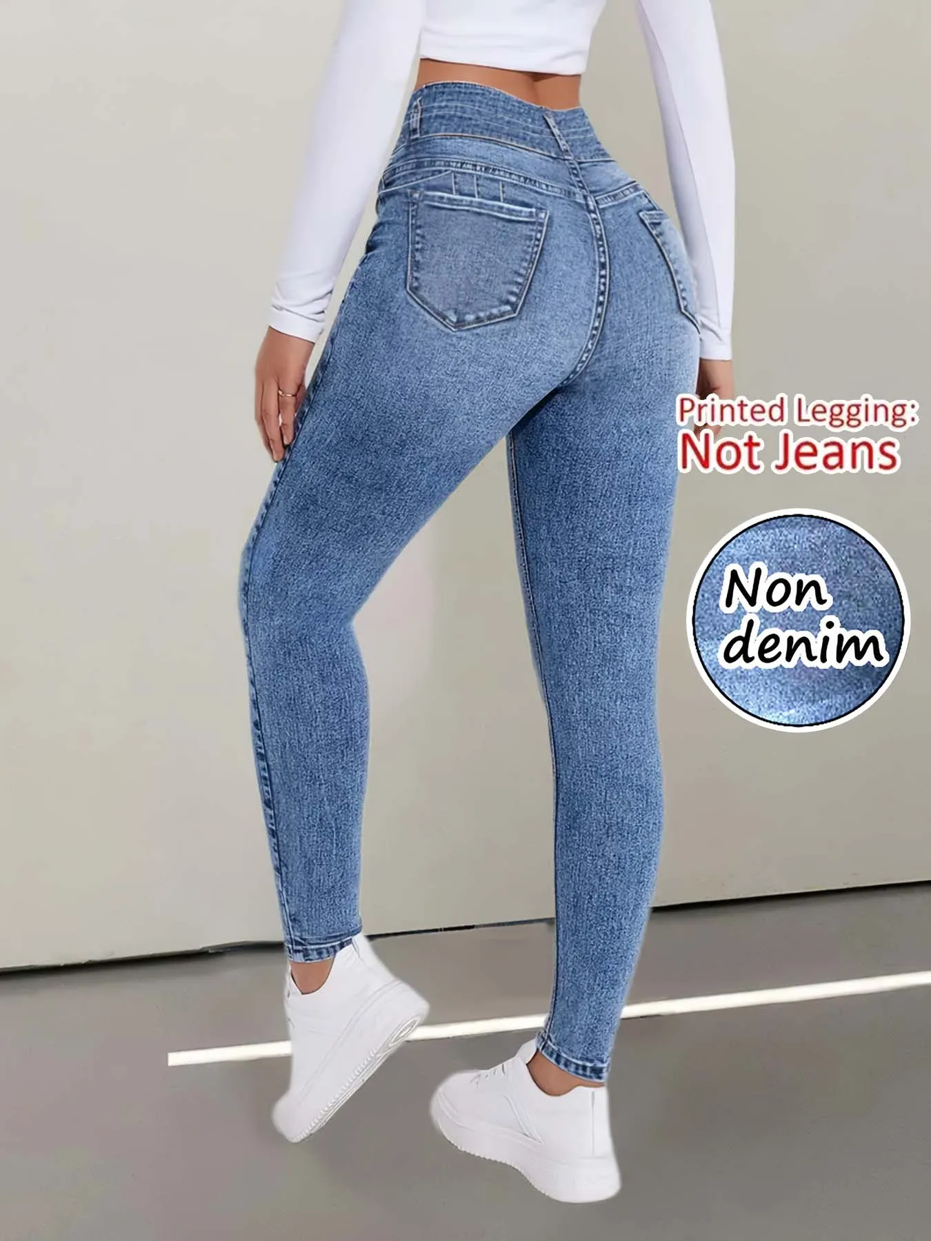 【Non-Denim】Women's Faux Denim Print Leggings, Sports Casual Skinny Pants, Thin Soft Skin-Friendly Yoga Pants, All-Season Long Pa view 3