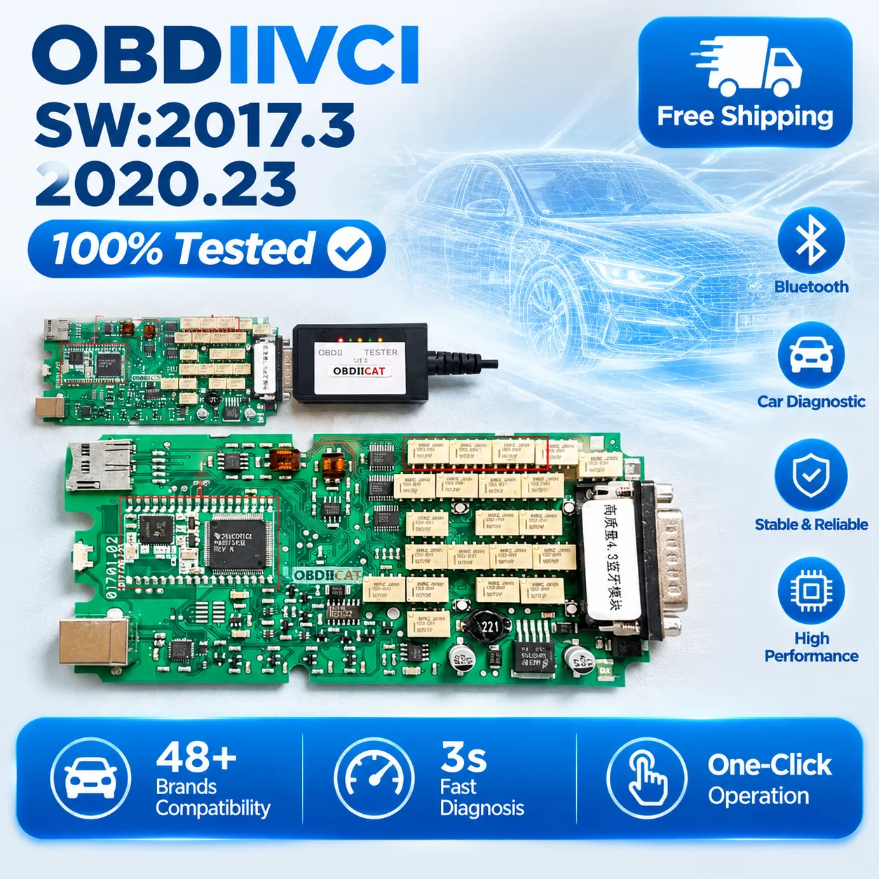 OBDIIVCI A+Single PCB OBD2 2017.3-2020.23 Car/Truck Diagnostic Tool New VCI TCS PRO Plus USB Bluetooth OBD Scanner