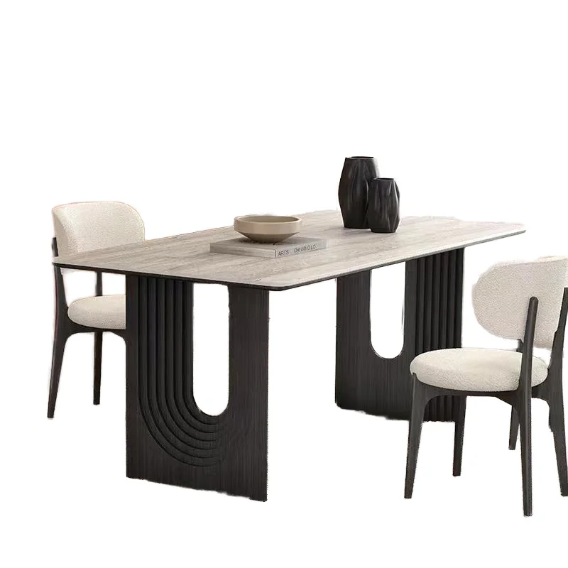 &c Nordic Modern Stylish Rectangular Dining Table Distinctive Grooved U-Base Essential Home Furniture for Dining Room