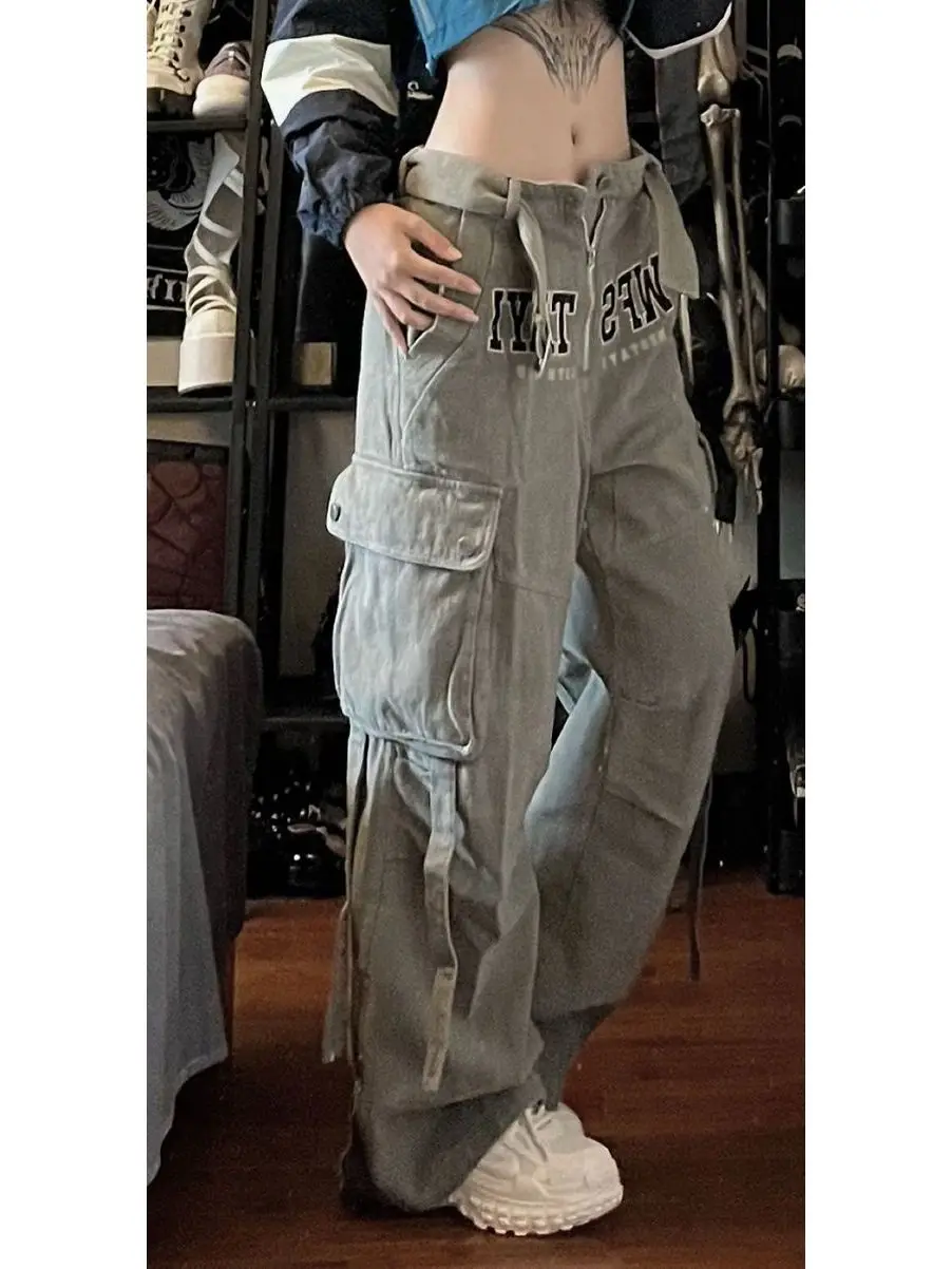 Gray Cargo Slacks Women's Early Autumn Letter Embroidery Jeans Straight Draping Loose Wide-leg Long Pants Y2K Style Slouchy Jean