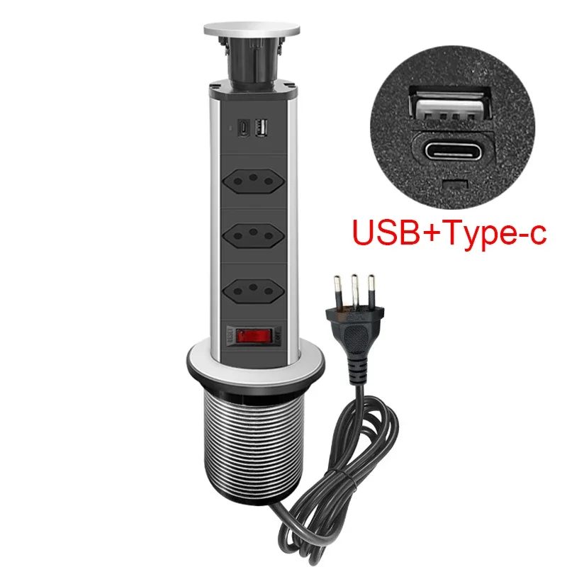 Desktop socket Embedded manual lifting 3Ways Brazil socket Type-c+USB switch pull power strip Brazilian socket Press type