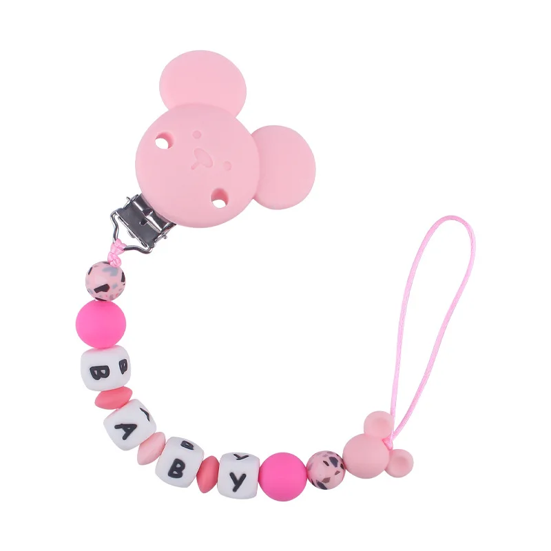 Nome personalizado Baby Chupeta Clips Cadeia, contas de silicone, brinquedos de mordedor dos desenhos animados, manequim titular, mastigar presente, personalizado