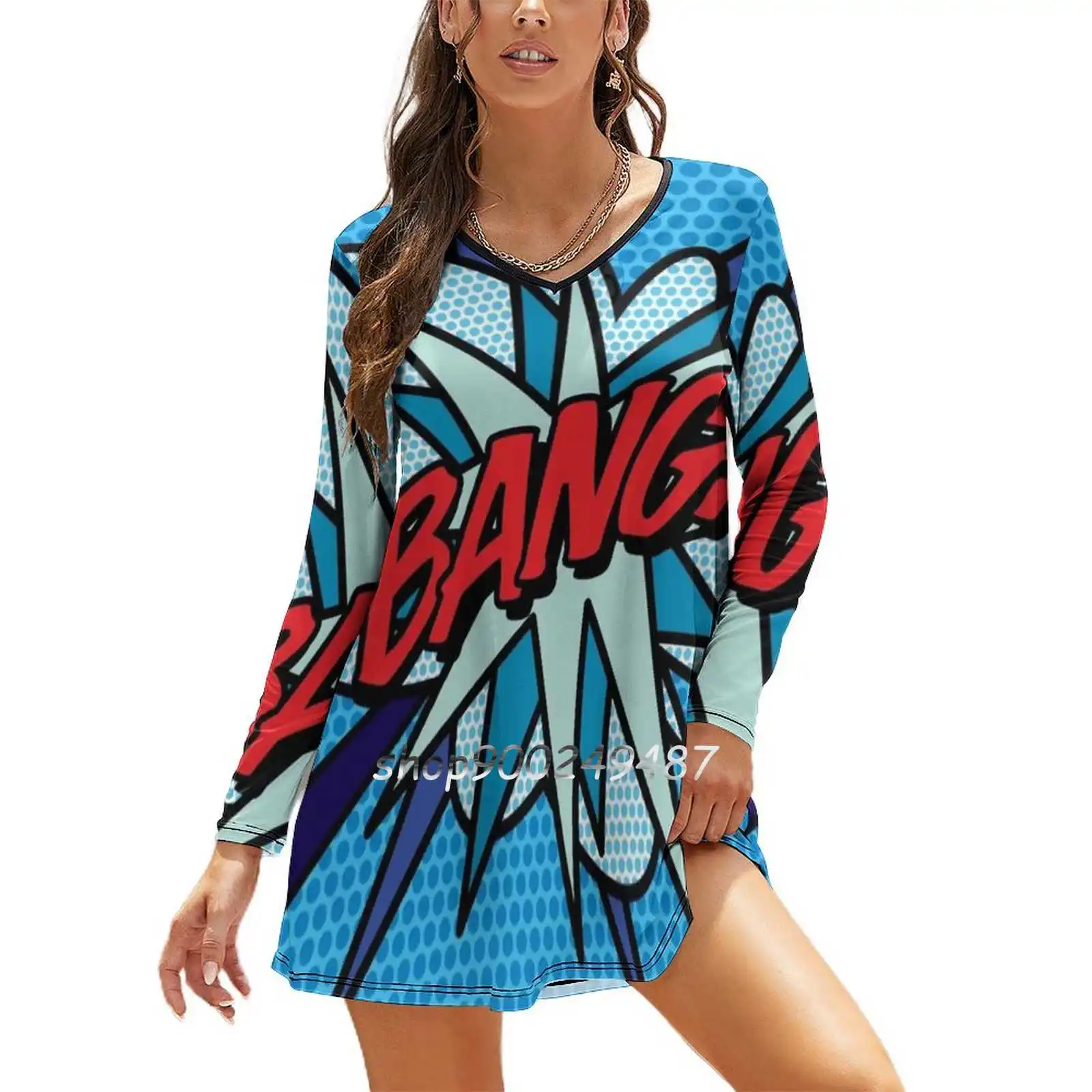 Bang Comic Book Pop Art Modern Fun Graphic Slim Dress With Hollow Waist Autumn Winter Sexy V Neck Long Sleeve Dresses Bang Pop