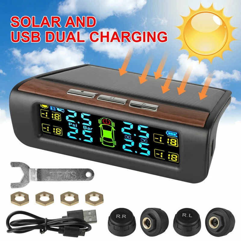 

Wireless Solar TPMS LCD Car Tire Pressure Monitoring System With 4 External Sensors Solar Automatic Alarm System