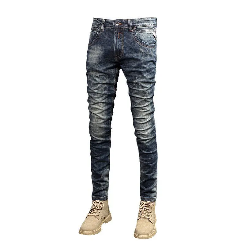 Fashion Designer Men Jeans Retro Dark Blue Stretch Elastic Slim Fit Ripped Jeans Men Italian Style Vintage Denim Pants Hombre