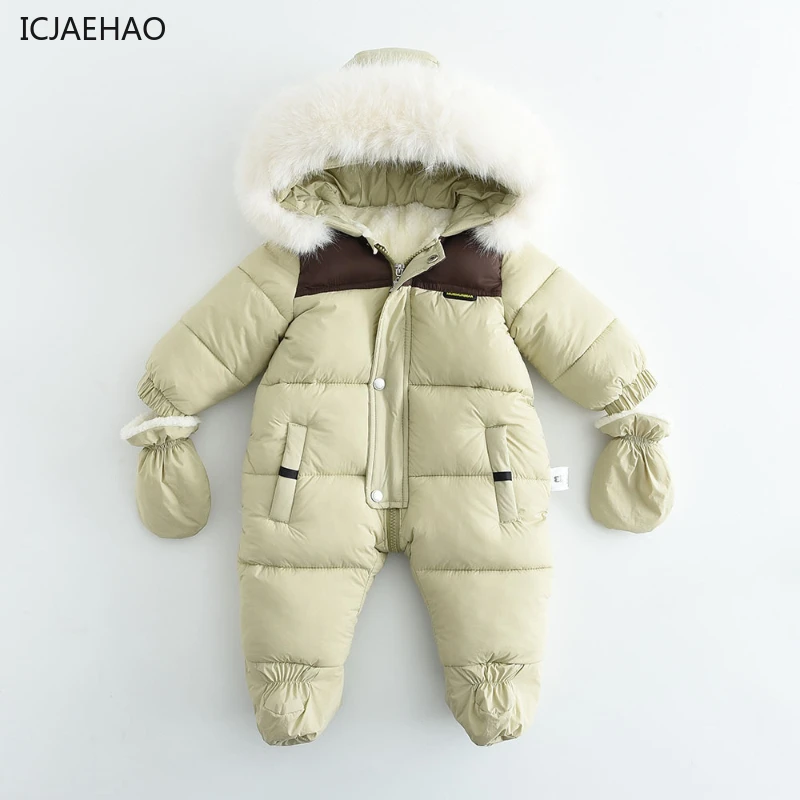 ICJAEHAO 2024 Baby Girl Boy Clothing Winter Rompers Hooded Thick Warm Windproof Outdoor with Pocket Glove Newborn Romper Coat