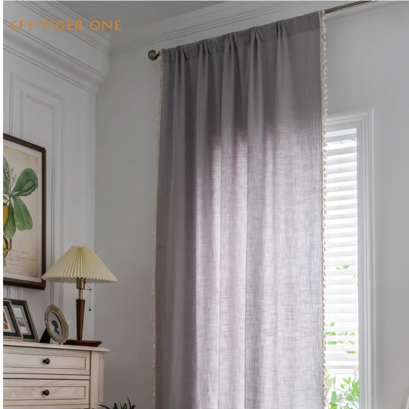 

Cotton Linen American Solid Window Curtain with Tassels Blackout Valance for The Luxury Living Room Curtains for Living Room