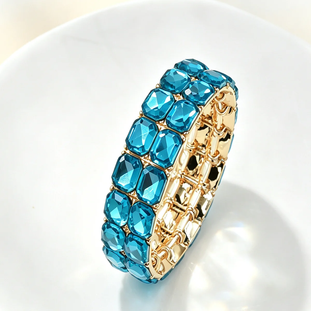 Europäisches und amerikanisches Retro-Doppelreihen-Armband mit geometrischen Formen aus Legierung und Kristallen, elastisch, für Damen, Party, Modeschmuck – Detail 7