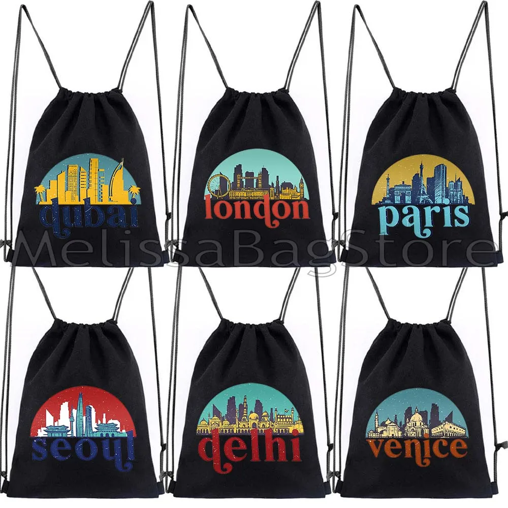 

London Dubai Paris New York Seoul Bangkok Venice Cityscape Istanbul Quebec Kuala Lumpur Canvas Drawstring Backpack Bags Sackpack