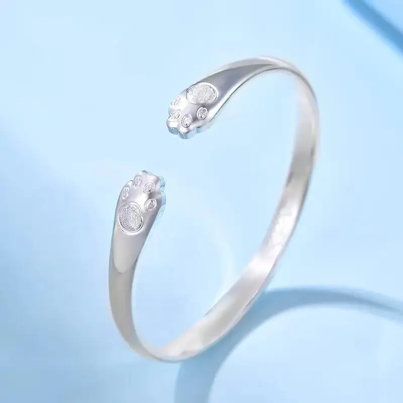

Real 999 Pure Silver Cat Paw Bracelet for Women Light Luxury Open Bangle Fashion Jewelry Gift for Girlfriend Sterling Silver