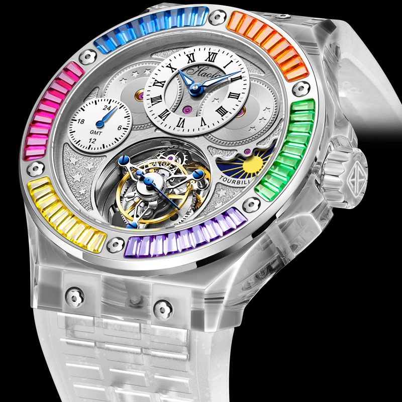 Haofa Luxury K9 Crystal Skeleton Tourbillon Mechanical Watch For Men GMT Flying Tourbillon Sapphire Wristwatches Day and Night