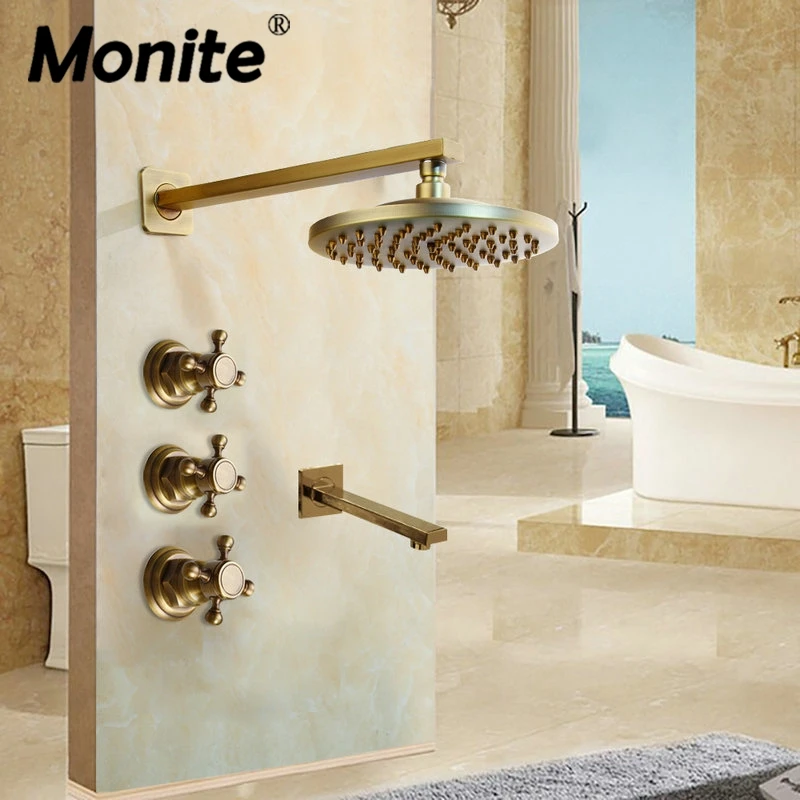 Monite Rainfall Antique Brass Shower Faucet Set Ceiling Mounted Handle Shower Mixer Tap Square Hand shower Concealed Install