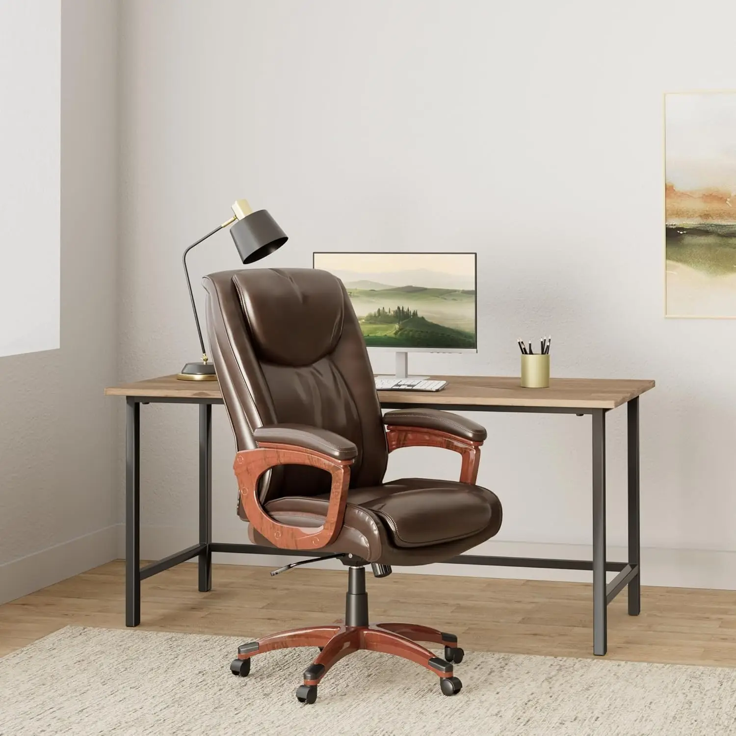 Modern Executive Look Brown High-Back Managers Chair Adjustable seat Ideal for Home Office Comfortable and Stylish