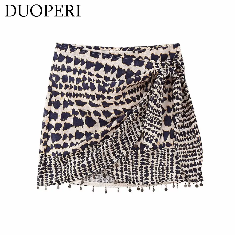 DUOPERI Women Fashion Printed Mini Salon Skirt High Waist With Bowknot Beaded Hem Female Chic Lady Casual Short Skirt