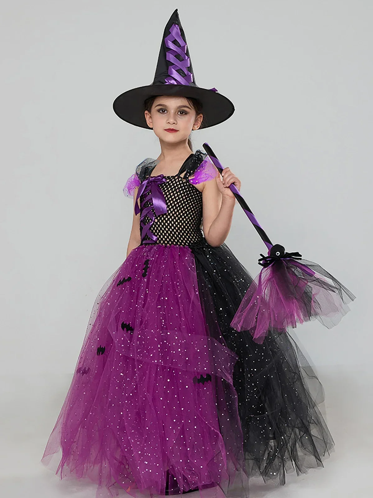 Halloween Bat Witch Dress for Girls Europe and America Sparkling Mesh Wizard Cosplay Party Costume Outfits