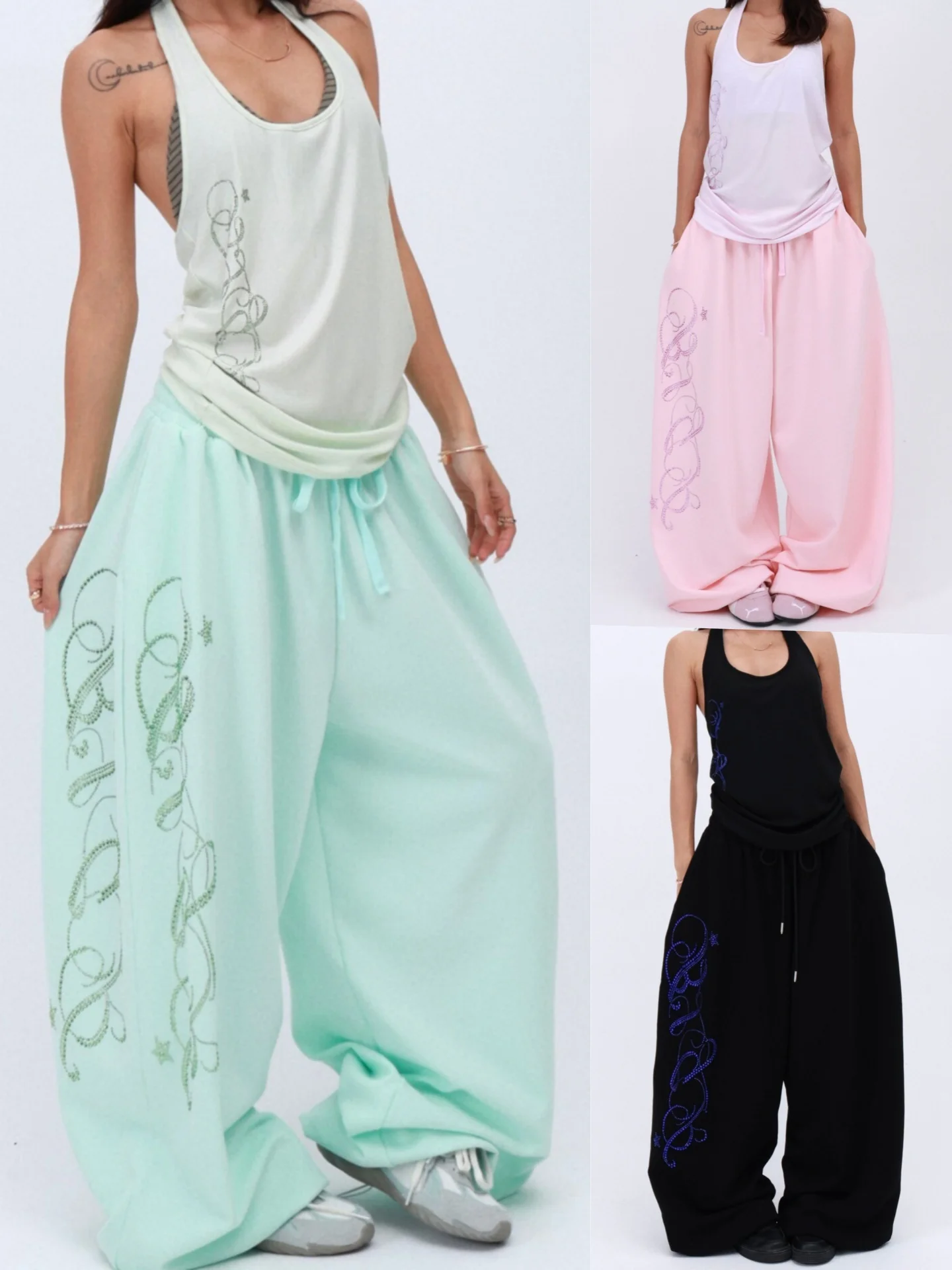 American Lazy Style Glittering Rhinestone Sports Pants Jazz Street Dance Hip Hop Loose Wide Leg Slimming Casual Pants