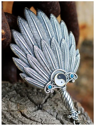 

Tai Chi feather fan small fan pendant necklace sterling silver men's and women's Hanfu accessories fan antique retro pendant