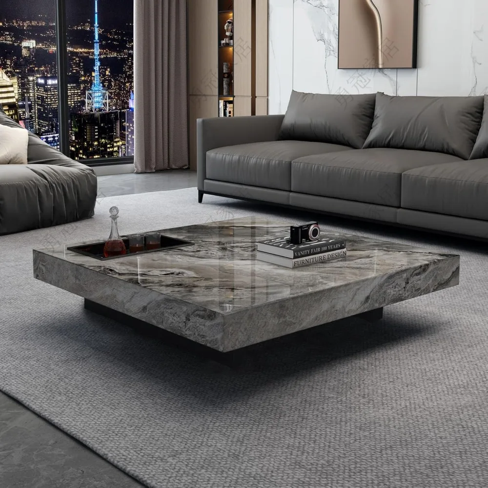 

Luxury Sintered Stone Square Coffee Table with Carbon Steel Base, Coffee Table for Living Room Home Office