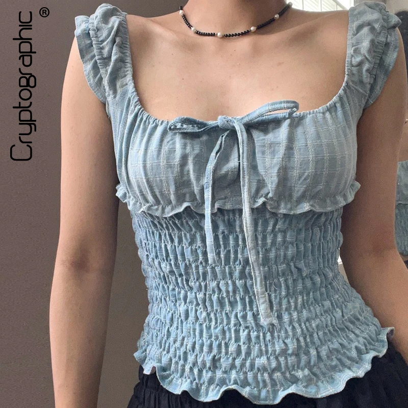 

Cryptographic Summer Square Collar Tie Front Tops Outfits Sleeveless Sweet Y2K Pleated Cropped Tops Coquette Aesthetic Clothes
