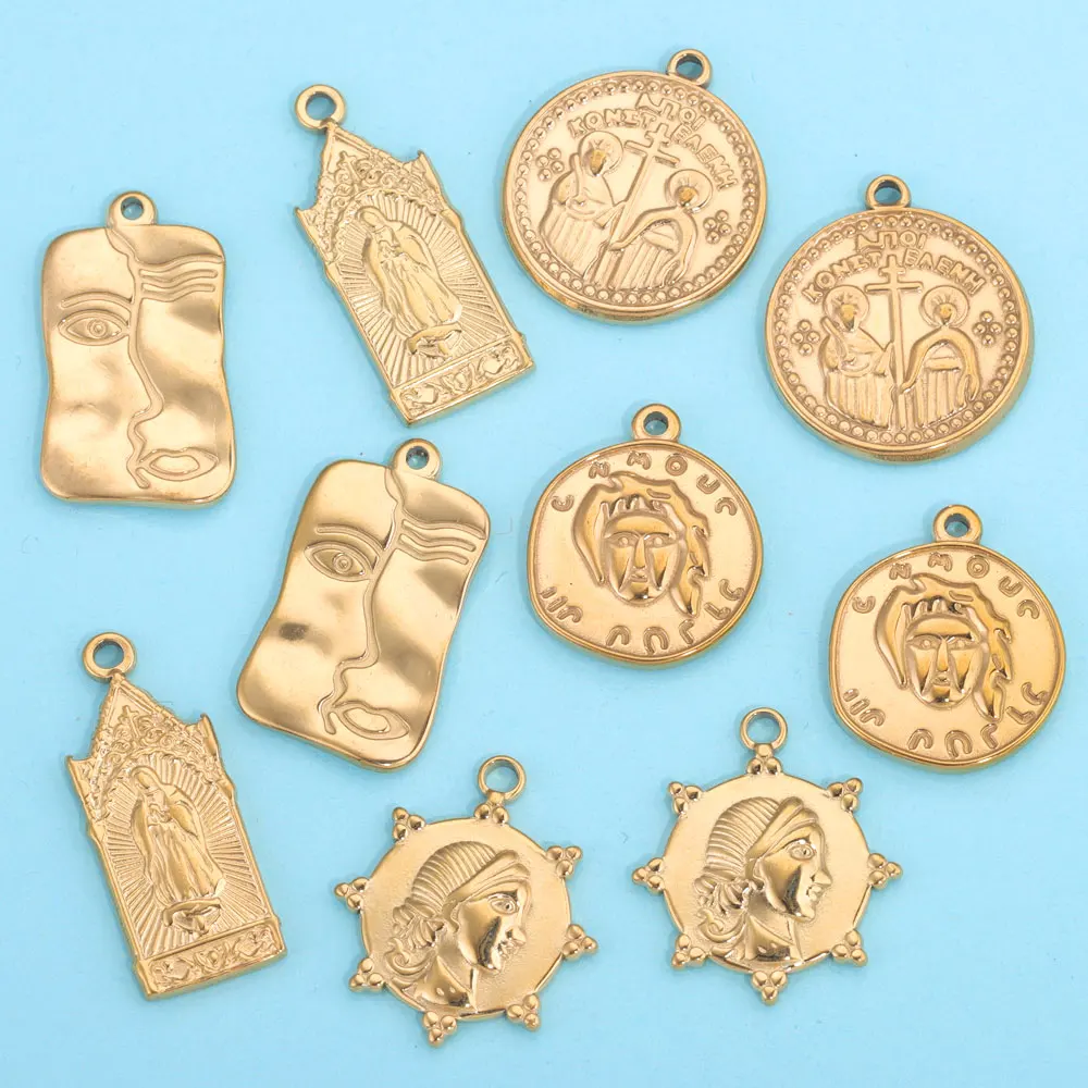 5 pçs de aço inoxidável ouro-placa pingentes rainha torção rosto encantos colar conector para brincos diy frança estilo jóias charme