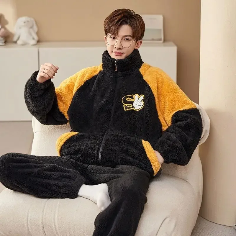 Autumn /Winter Coral Velvet Pajamas Men's Thick Velvet Warm Zipper Set Winter Young Men's Casual Home Wear Can Be Worn Outside