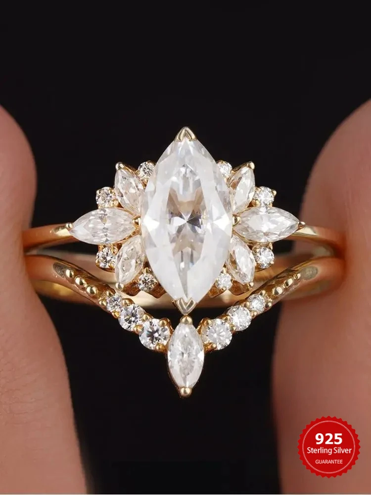925er Sterlingsilber, brillanter Luxus-Marquise-Zirkon-Ring-Set für Damen, Verlobung, Hochzeit, modisch, hochwertiger edler Schmuck