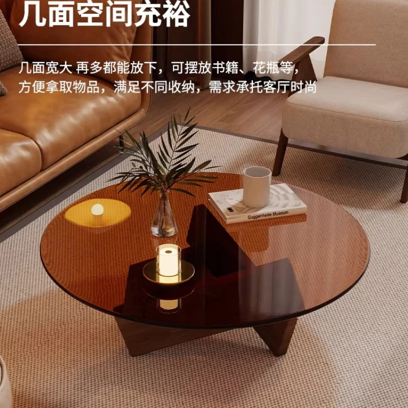Glass Coffee Table,solid Wood Home Living Room,antique High-end Feeling,circular Coffee Table, Small Layout,creative Small Table