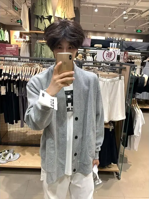 

Loose Fit V-Ne Knitted Sweater Men's Autumn Open Cardigan Casual Button-Up Jaet Heavy Cotton Feel Long Sve Breathable