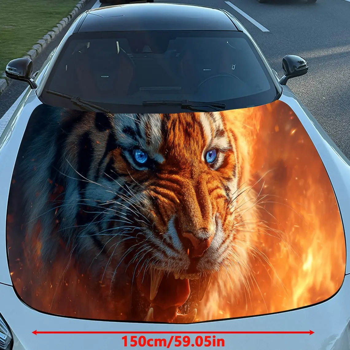 Impressive Fiery Tiger Car Hood Stickers - Self-Adhesive, Waterproof and Durable Vinyl Wrap, Decorate And Protect Your Car - The