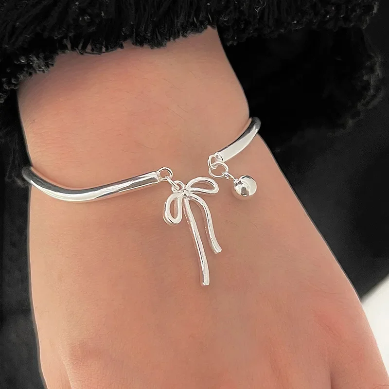 PONYKISS 925 Sterling Silver Bowknot Bell Charm Cuff Bangles for Women Cute Fine Jewelry Minimalist Light Luxury Accessories