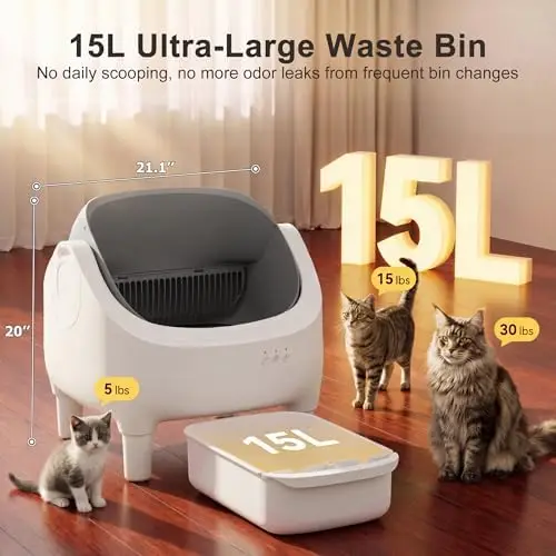 Self Cleaning Cat Litter Box – Automatic Open-Top Smart Litter Box with App Control, 15L Odor-Sealed Waste Bin, Ultra