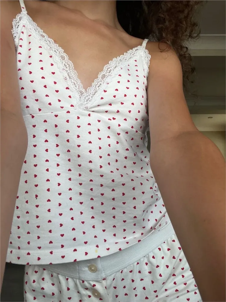 

Sweet Homewear Tank Camisole Shorts Two Piece Set For Women Red Heart Chic Y2K Lace Crop Tops Shorts Sports Summer Women Suit