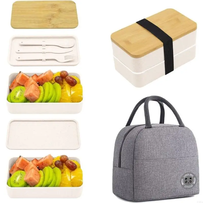 1200ml Japanese Lunch Box Double Layer Microwave Safe Plastic Bentos Box Container with Compartments Utensils