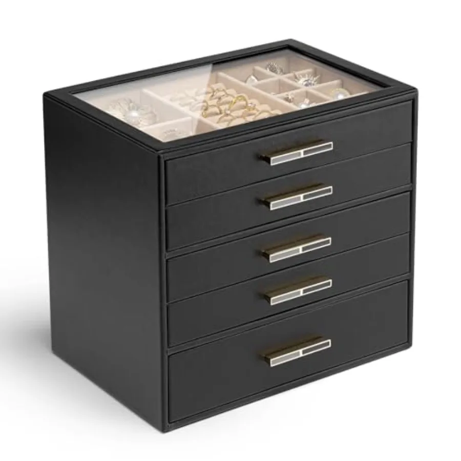 

5-Drawer Jewelry Box with Glass Lid Faux Leather Organizer for Rings Earrings Necklaces and More Gift-Ready Jewelry Case for Wo