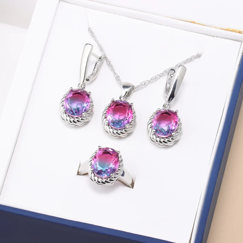 Wholesale Price 14-Color 4-Piece Sets 925 Silvet Colorful Wedding Jewelry Necklace And Earrings Ring For Women Bridal Sets