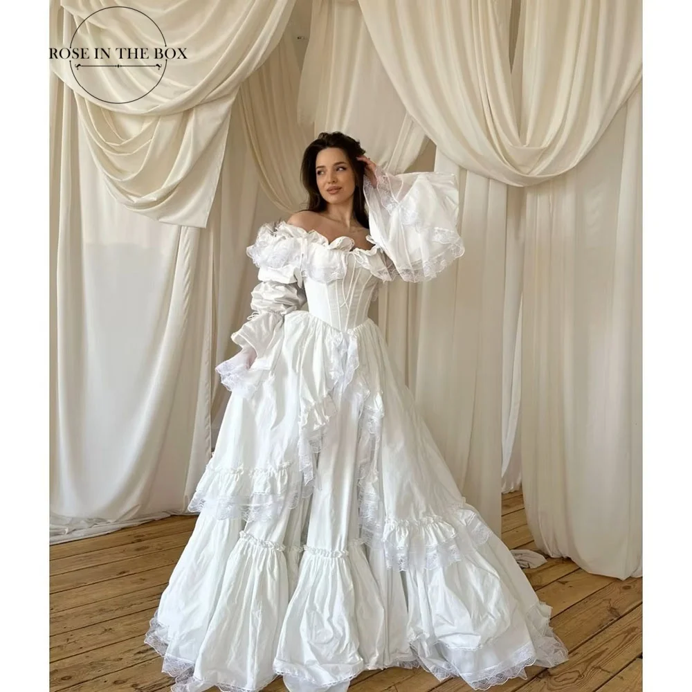 ROSEINTHEBOX Weißes schulterfreies Prinzessinnenkleid mit Puffärmeln, A-Linie, bauschiger Saum, Geburtstagsparty-Kleid für Frauen, individuell gestaltet