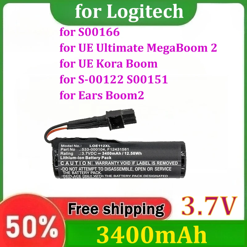 

3.7V 3400mAh 533-000104 F12431581 for Logitech S00166 for UE Ultimate MegaBoom 2 for UE Kora Boom S-00122 S00151 Ears Boom2
