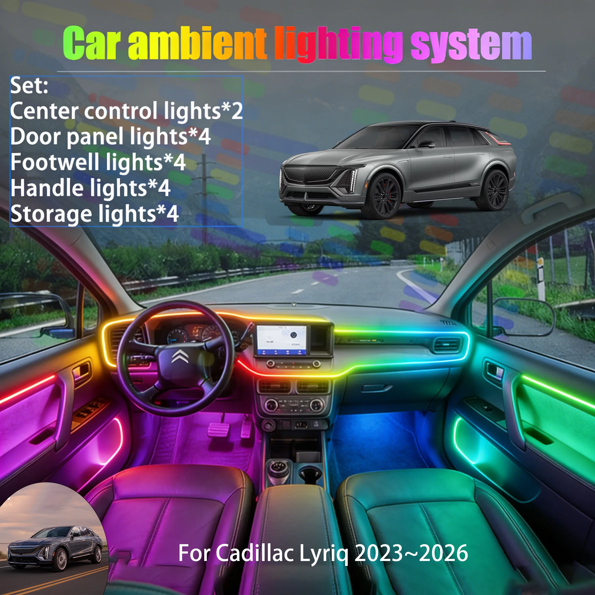 

For Cadillac Lyriq 2023~2026 2/18 in 1 Car ambient lighting Led trunk interior led lights USB RGB Ensemble Streamer Auto Parts