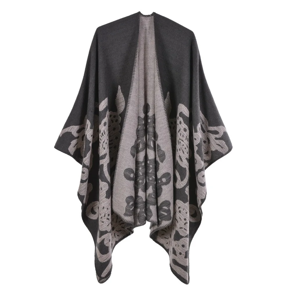 

Autumn Winter Butterfly Jacquard Knitted Shawl Women Keep Warm Imitation Cashmere Poncho Lady Capes Gray Cloaks