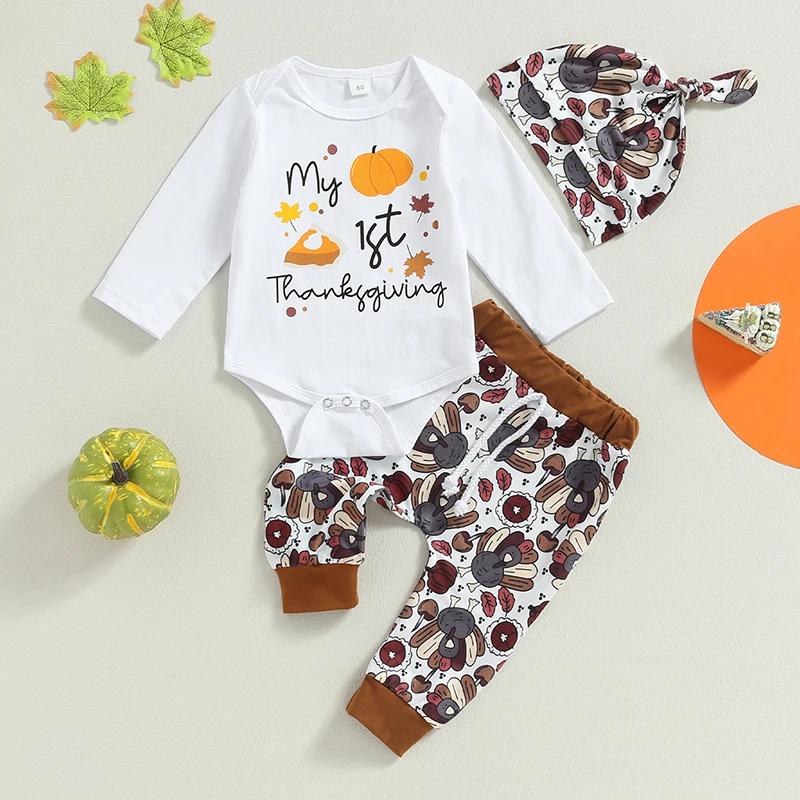 

2023-07-05 Lioraitiin 0-18M Infant Baby Boy 3Pcs Thanksgiving Clothes Letter Print Long Sleeve Jumpsuit Pants Hat Outfit