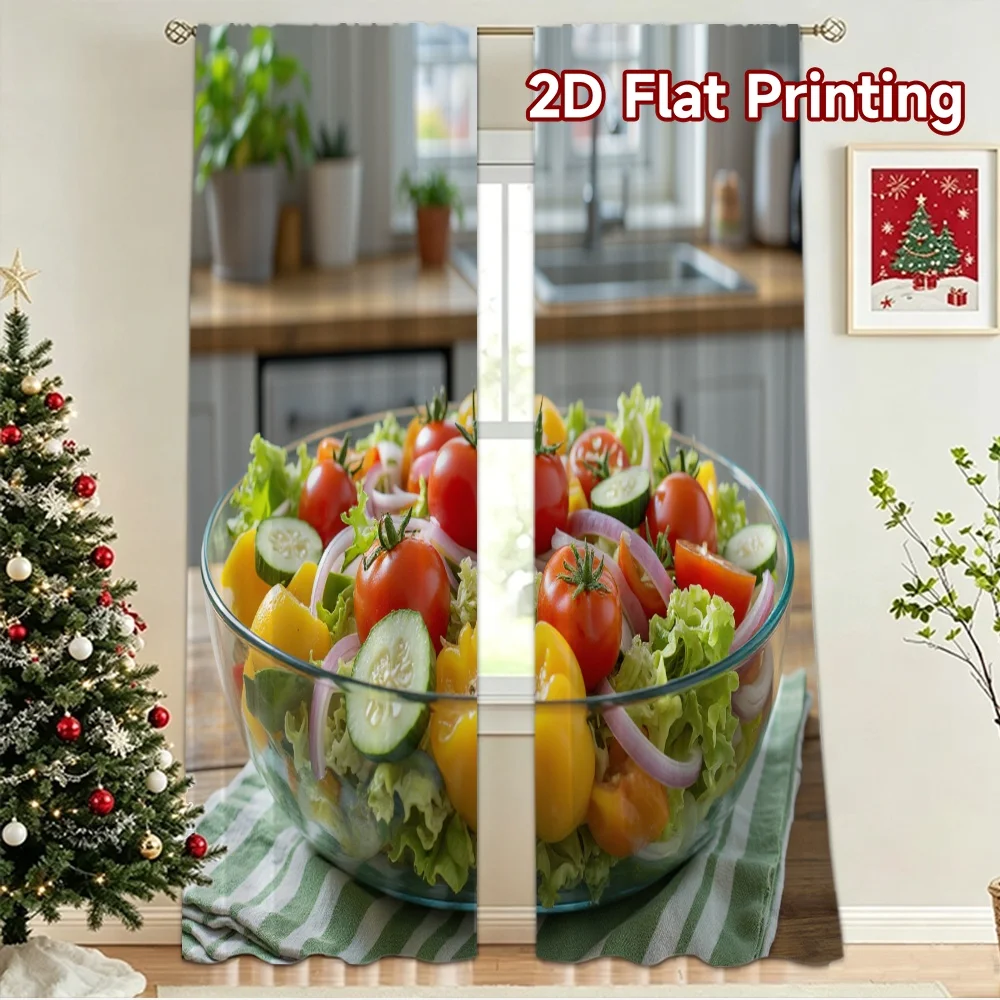 2D flat 2pcs Curtain French Romantic Style Fresh Garden Salad Bowl Durable polyester fiber Festive Curtains for Holiday Parties