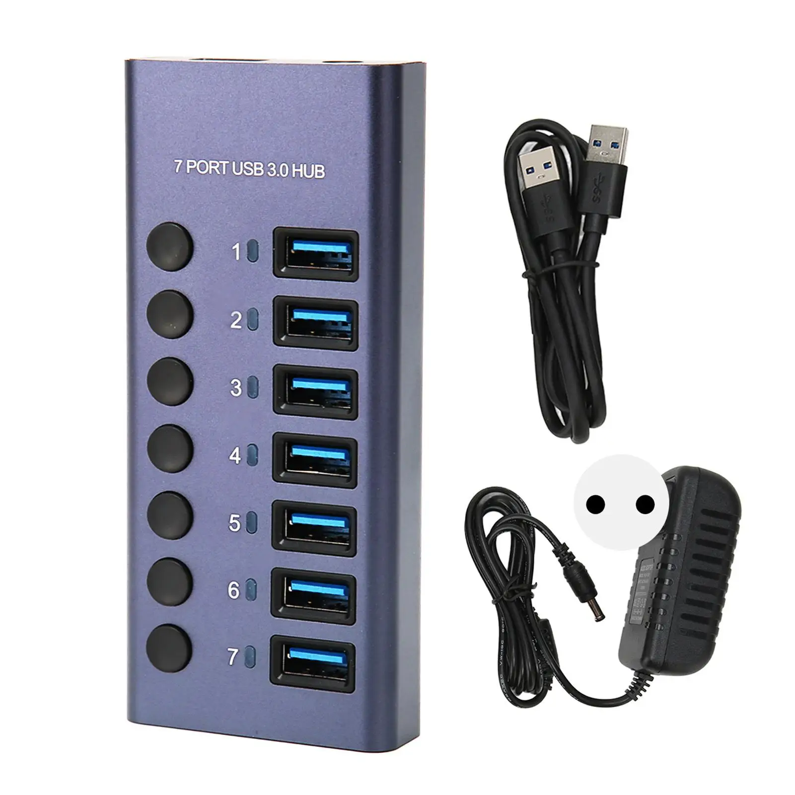 USB 3.0 Hub 7-Port Docking Station 5Gbps with Individual Switch & LED Indicator, 36W Power for pc & Phone, 100-240V