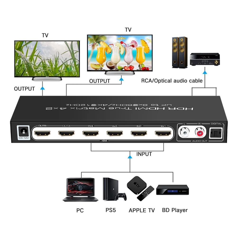 8k switcher hdmi-compatível 2.1 matriz 4x2 divisor de vídeo 4k 120hz extrator de áudio arco dolby vision atmos 7.1 5.1 2ch áudio